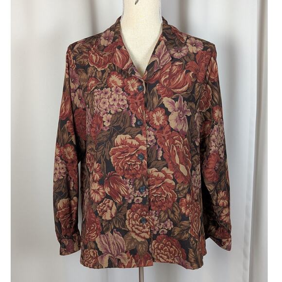 90s Vintage Fall Floral Top Shaket by Bon Worth Brown Black and Tan Size M - Picture 14 of 14